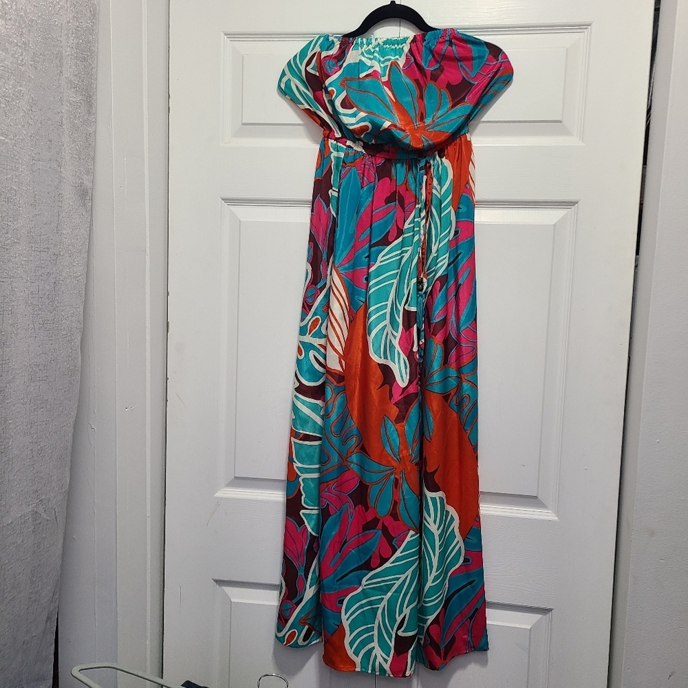 Tropical Multicolor Strapless Jumpsuit‎ Wooden Beads Tassle Size Small